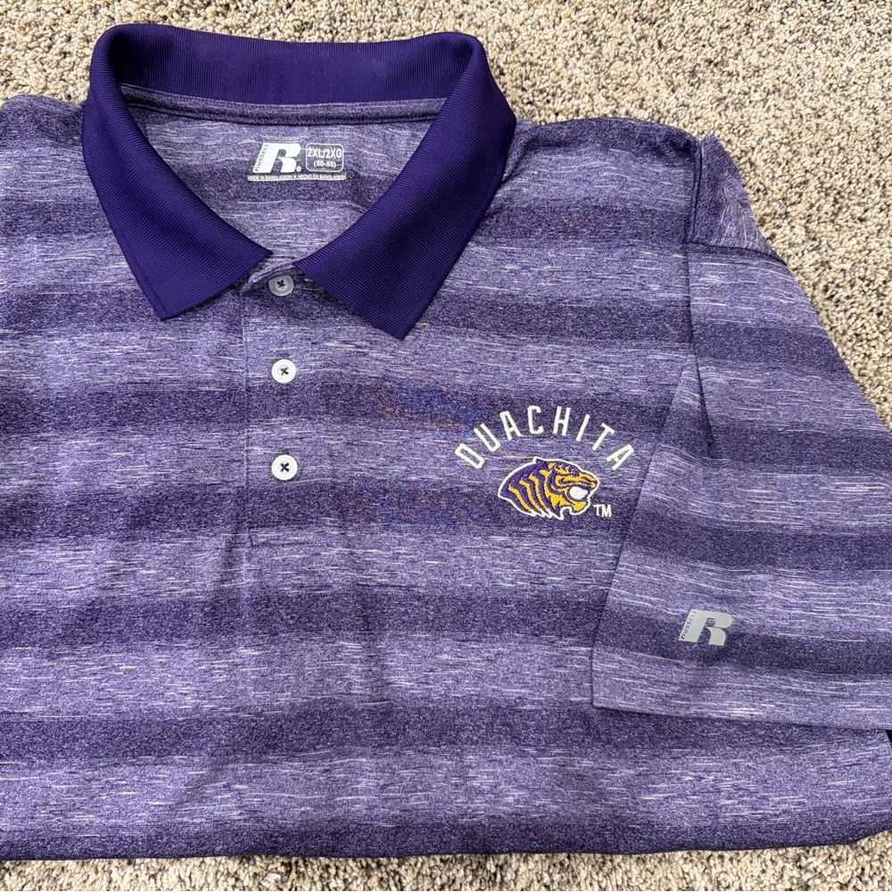 XXL Ouachita Baptist Tiger Russell Athletic Purple Stripe Mens Polo DriFit 2XL